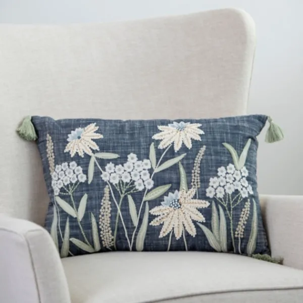 Pillows-Kirkland's Home Denim Floral Embroidered Lumbar Throw Pillow White/Blue/Green