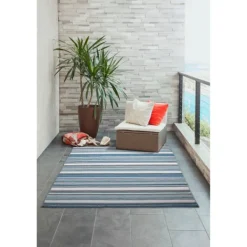 Outdoor Rugs-Kirkland's Home Dhurri Stripe Indoor/Outdoor Area Rug, 5X7 Blue