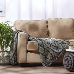 Blankets & Throws-Kirkland's Home Diamond Fringe Throw Black