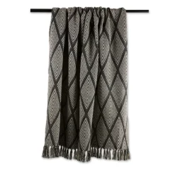 Blankets & Throws-Kirkland's Home Diamond Fringe Throw Black