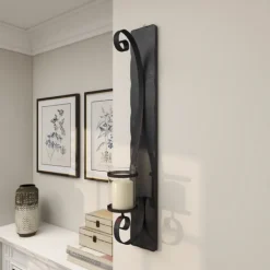 Sconces-Kirkland's Home Distressed Black Scrolled Metal Sconce