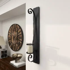 Sconces-Kirkland's Home Distressed Black Scrolled Metal Sconce