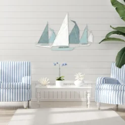 Wall Plaques-Kirkland's Home Distressed Blue Sailboats Wall Sculpture Blue/White