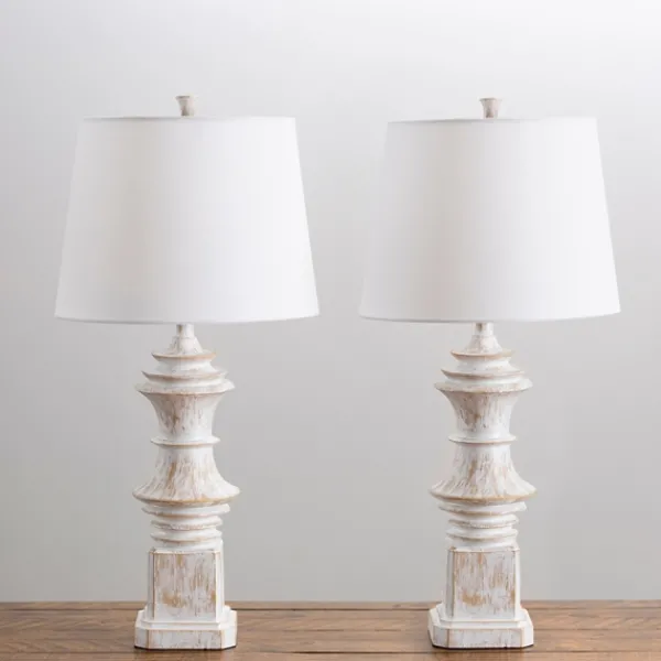 Table Lamps-Kirkland's Home Distressed Cream Carved Table Lamps, Set Of 2 White