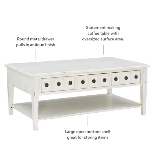 Coffee Tables-Kirkland's Home Distressed Cream Wood 3-Drawer Coffee Table Ivory