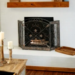 Fireplace Accessories-Kirkland's Home Distressed Fleur De Lis Three-Panel Fire Screen