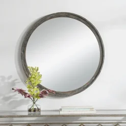 Framed Mirrors-Kirkland's Home Distressed Slate Blue Wooden Round Wall Mirror