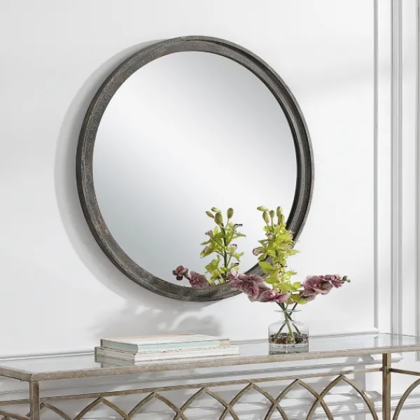 Framed Mirrors-Kirkland's Home Distressed Slate Blue Wooden Round Wall Mirror