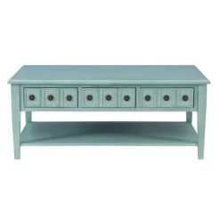 Coffee Tables-Kirkland's Home Distressed Turquoise Wood 3-Drawer Coffee Table Blue