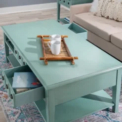 Coffee Tables-Kirkland's Home Distressed Turquoise Wood 3-Drawer Coffee Table Blue
