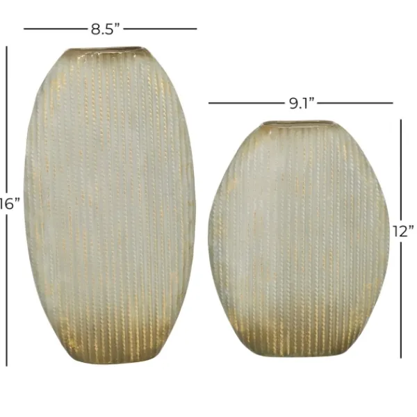 Vases-Kirkland's Home Distressed White And Beige Flat Vases, Set Of 2 Tan/White