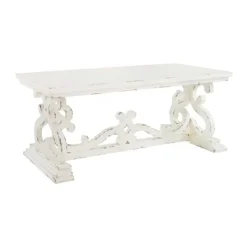 Coffee Tables-Kirkland's Home Distressed White Scrollwork Base Coffee Table White/Tan