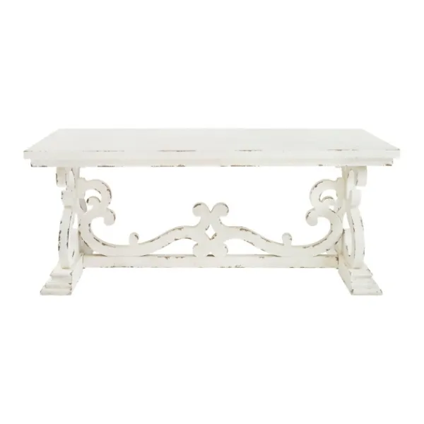Coffee Tables-Kirkland's Home Distressed White Scrollwork Base Coffee Table White/Tan