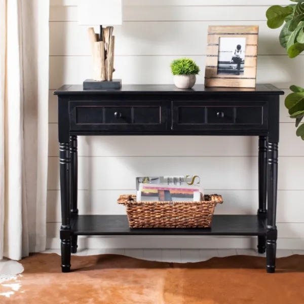 Console Tables-Kirkland's Home Distressed Wood 2-Drawer Console Table Black
