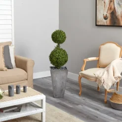 Trees & Topiaries-Kirkland's Home Double Ball Boxwood Topiary In River Rock Planter