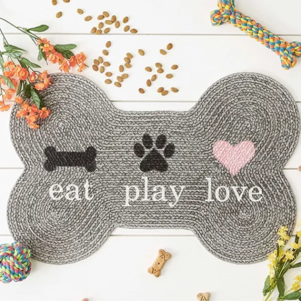 Kitchen & Floor Mats-Kirkland's Home Eat Play Love Bone-Shaped Pet Bowl Mat Gray