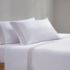 Bed Sheets-Kirkland's Home Elegant Geo Hem Microfiber 4-Pc. King Sheet Set White/Tan