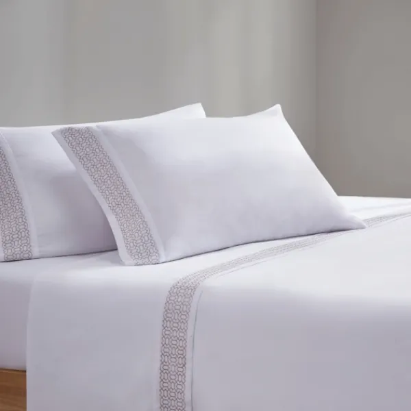 Bed Sheets-Kirkland's Home Elegant Geo Hem Microfiber 4-Pc. Full Sheet Set White/Tan
