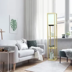 Floor Lamps-Kirkland's Home Etagere Shelf Charging Floor Lamp Tan