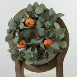 Wreaths-Kirkland's Home Eucalyptus And Baby'S Breath Pumpkin Mini Wreath Green/Orange