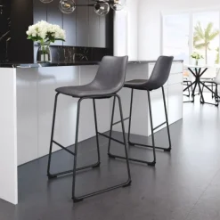 Bar Stools & Counter Height Stools-Kirkland's Home Faux Leather Sloped Bar Stools, Set Of 2 Gray