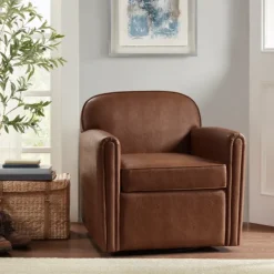 Accent Chairs-Kirkland's Home Faux Leather Swivel Club Chair Brown
