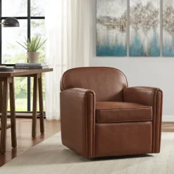Accent Chairs-Kirkland's Home Faux Leather Swivel Club Chair Brown