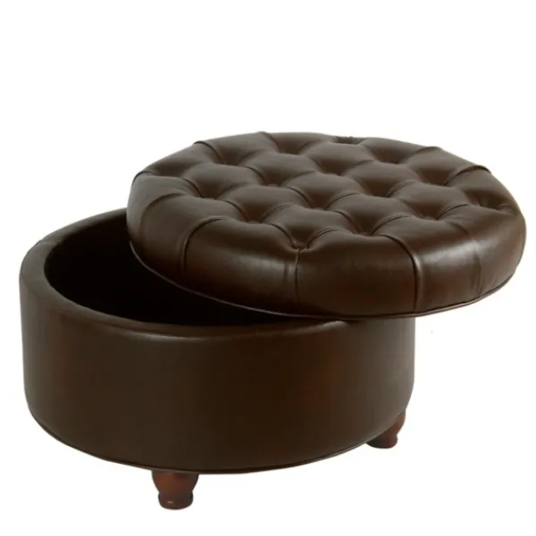 Benches & Ottomans-Kirkland's Home Faux Leather Tufted Round Storage Ottoman Brown