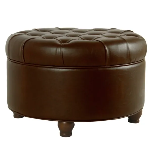 Benches & Ottomans-Kirkland's Home Faux Leather Tufted Round Storage Ottoman Brown