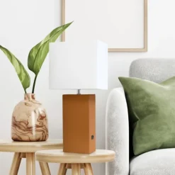 Table Lamps-Kirkland's Home Faux Leather Usb Table Lamp Tan