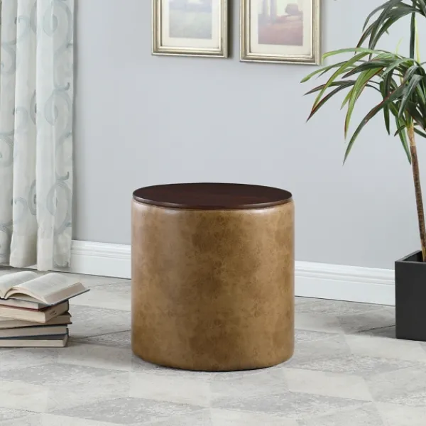Benches & Ottomans-Kirkland's Home Faux Leather Wood Top Storage Ottoman Brown