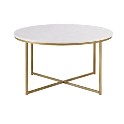 Coffee Tables-Kirkland's Home Faux Marble & Gold X-Base Coffee Table White