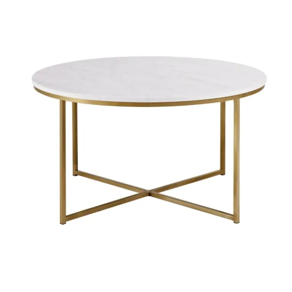 Coffee Tables-Kirkland's Home Faux Marble & Gold X-Base Coffee Table White