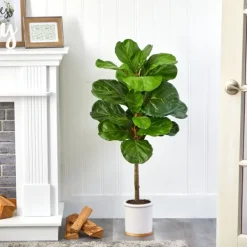 Trees & Topiaries-Kirkland's Home Fiddle Leaf Fig In White Ceramic Planter, 42 In.