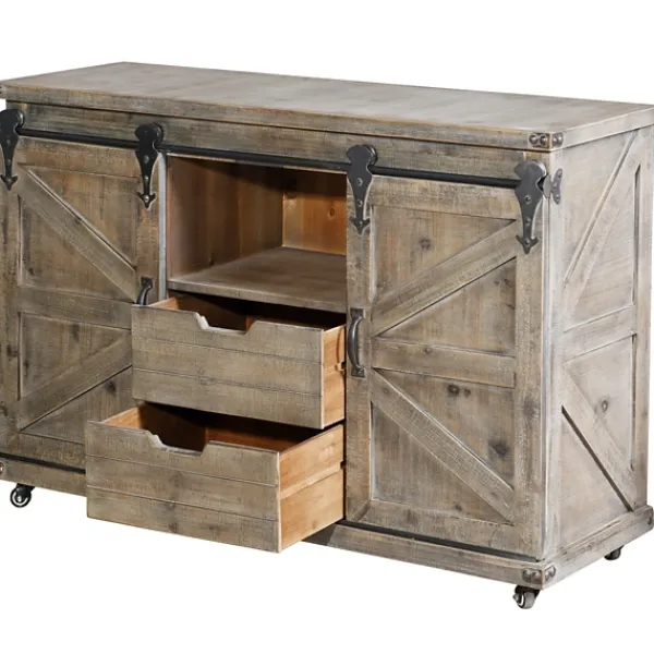 Cabinets & Sideboards-Kirkland's Home Fir Rolling Barn Door Cabinet With Casters Gray