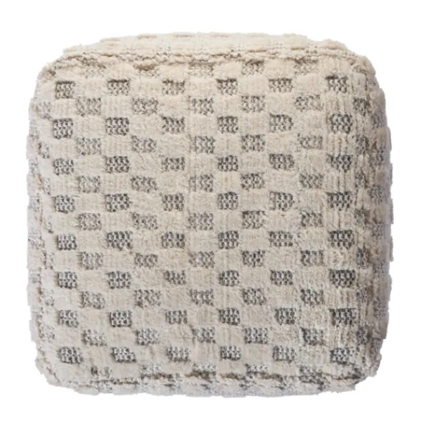 Pillows-Kirkland's Home Flatweave Tufted Checker Wool Pouf Ivory/Gray