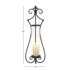Sconces-Kirkland's Home Fleur Distressed Black Iron Sconce, 31 In.