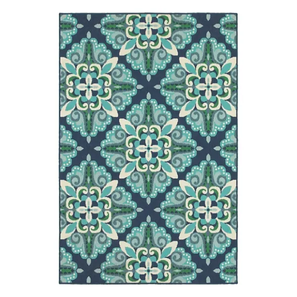 Outdoor Rugs-Kirkland's Home Floral Medallion Jenn Outdoor Rug, 5X7 Blue/Green
