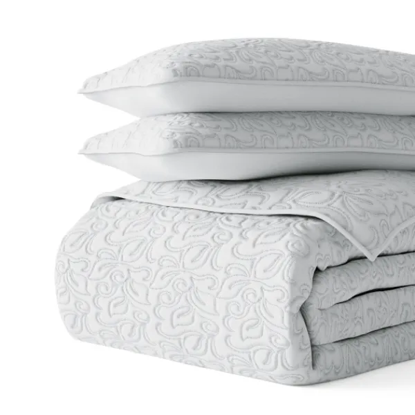 Quilts-Kirkland's Home Floral Stitch 3-Pc. Queen Quilt Set Gray