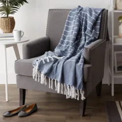 Blankets & Throws-Kirkland's Home French And White Thin Stripe Throw Blue