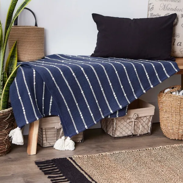 Blankets & Throws-Kirkland's Home French Slub Stripe Decorative Throw Blue