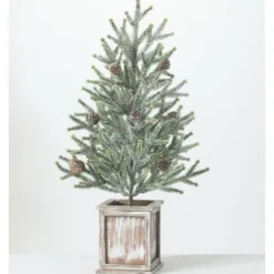 Trees & Topiaries-Kirkland's Home Frosted Pinecone Tree In Whitewash Planter, 24 In. Green/White/Brown