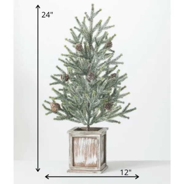Trees & Topiaries-Kirkland's Home Frosted Pinecone Tree In Whitewash Planter, 24 In. Green/White/Brown