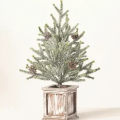 Trees & Topiaries-Kirkland's Home Frosted Pinecone Tree In Whitewash Planter, 18 In. Green/White/Brown