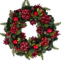 Wreaths-Kirkland's Home Frosted Red Ornament And Pinecone Wreath Green/Red