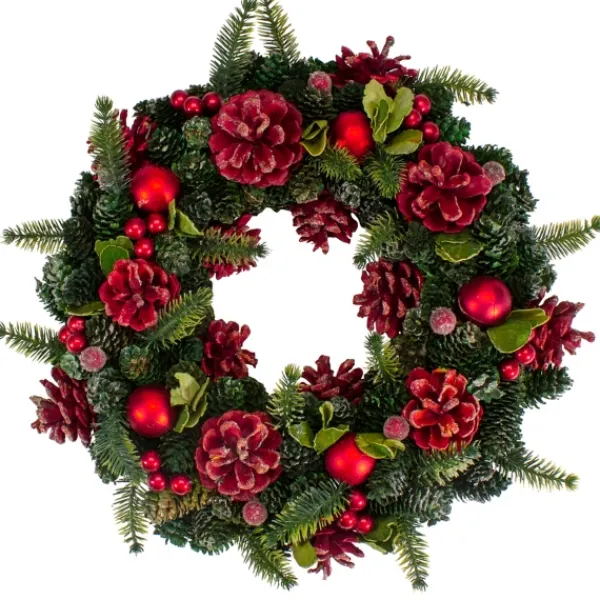 Wreaths-Kirkland's Home Frosted Red Ornament And Pinecone Wreath Green/Red