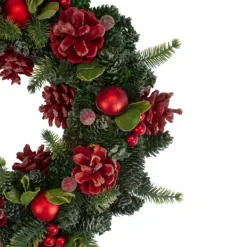 Wreaths-Kirkland's Home Frosted Red Ornament And Pinecone Wreath Green/Red