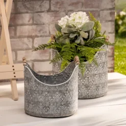 Decorative Accents-Kirkland's Home Galvanized Bead Handle Buckets, Set Of 2