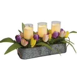 Arrangements & Greenery-Kirkland's Home Galvanized Spring Tulips Led Candle Centerpiece Pink/Green/Purple/Yellow/Silver