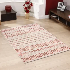 Outdoor Rugs-Kirkland's Home Geometric Stripe Sun Shower Outdoor Area Rug, 7X9 Red/Ivory